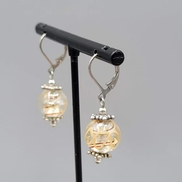 Yellow Swirl Glass Bead Pierced Earrings Silver tone Dangle 3/4" - Picture 4 of 9